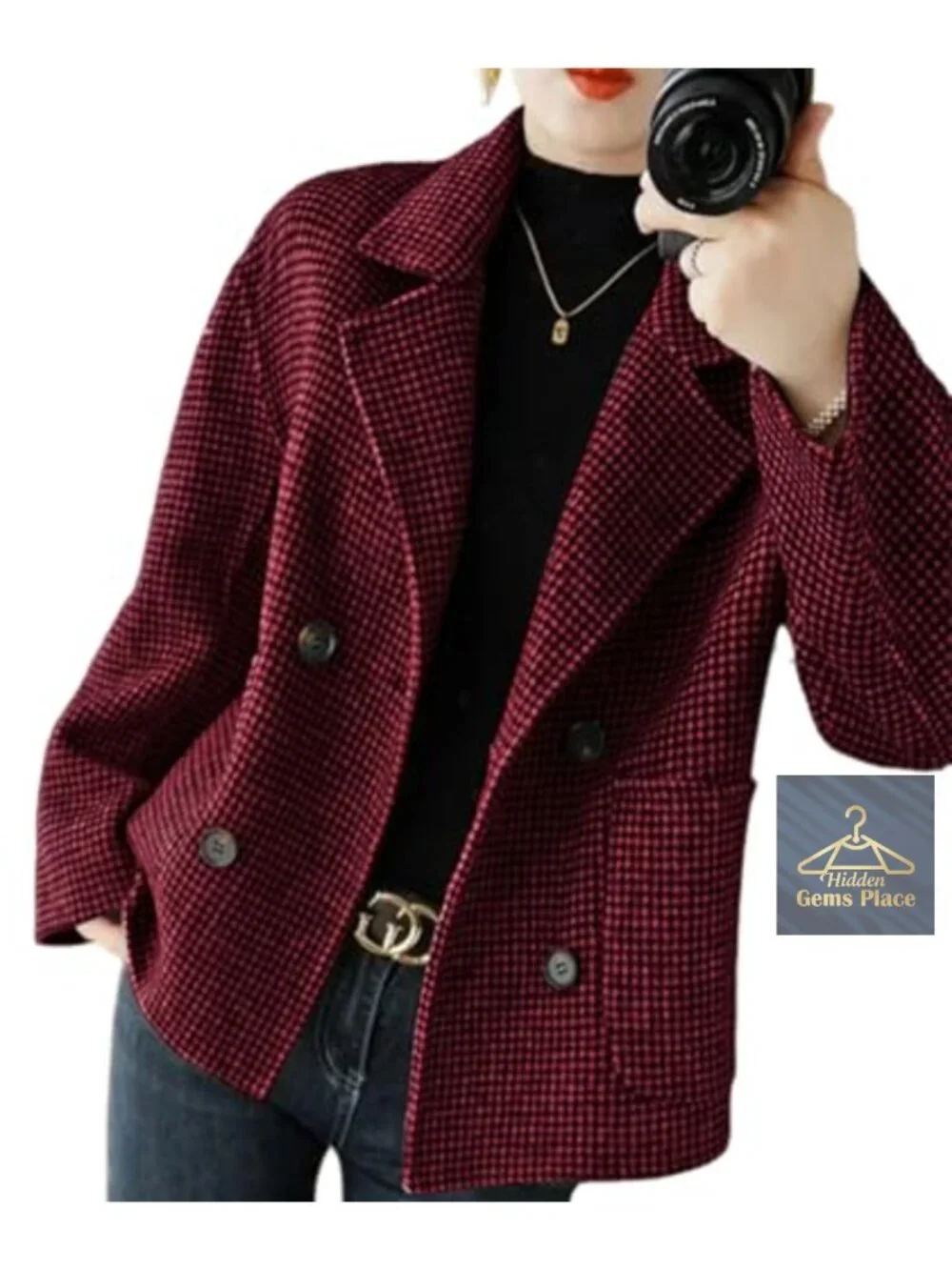 Womens Cropped Wool Coat Houndstooth Short Pea Coat Double Breasted Blazer